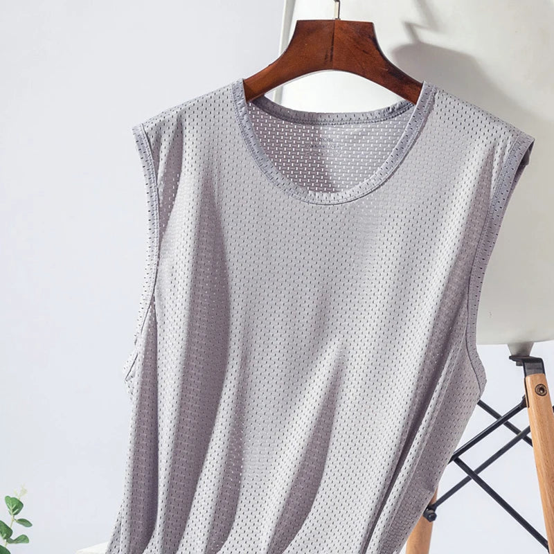 Men's Ice Silk Mesh Tank Top – Breathable Gym Sleeveless Shirt for Bodybuilding and Fitness