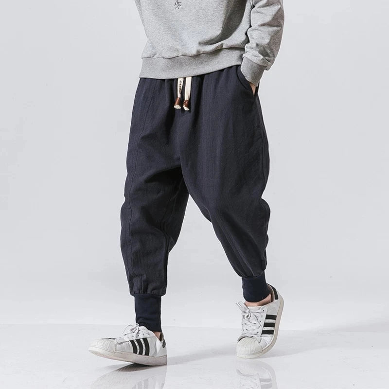 Men’s Cotton Linen Harem Pants – Baggy Drop-Crotch Trousers with Elastic Waist