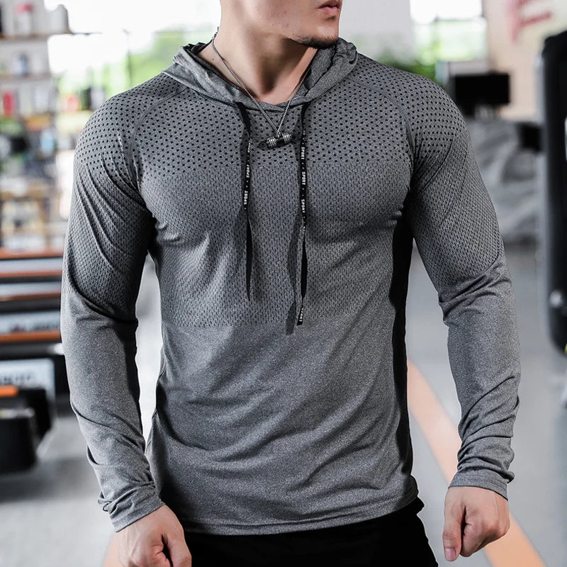 Men’s Long Sleeve Performance Hoodie with Drawstring – Breathable Slim Fit Training Top for Gym, Running & Outdoor Workouts
