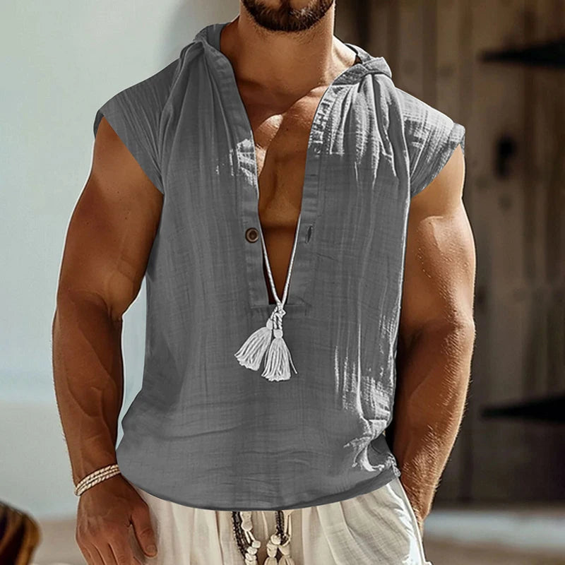 Men’s Casual Loose Hooded Linen Tank Top – Vintage Sleeveless Deep V-Neck Shirt for Beach, Travel & Leisure
