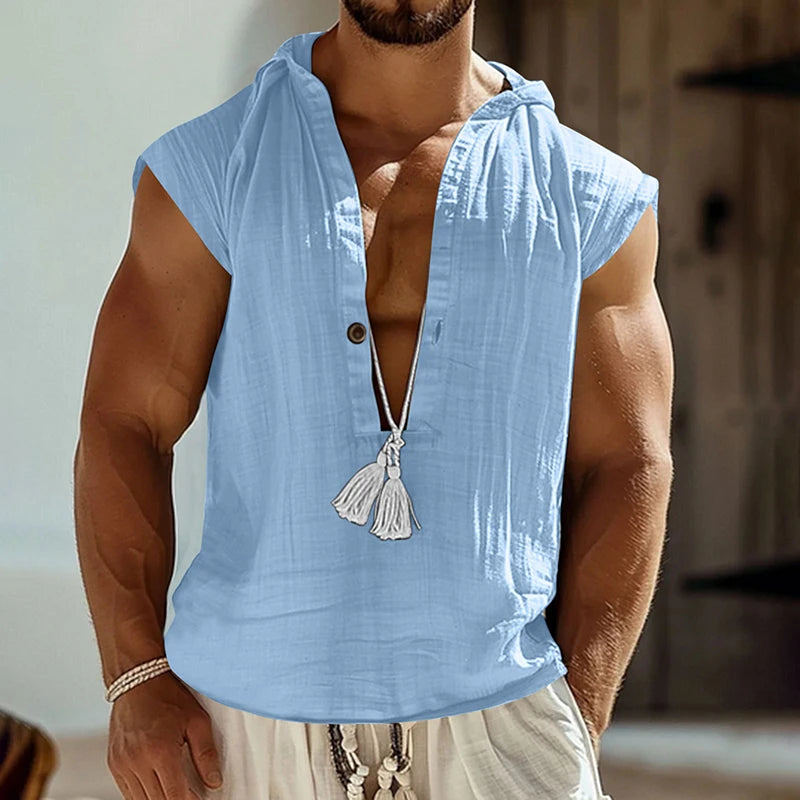 Men’s Casual Loose Hooded Linen Tank Top – Vintage Sleeveless Deep V-Neck Shirt for Beach, Travel & Leisure