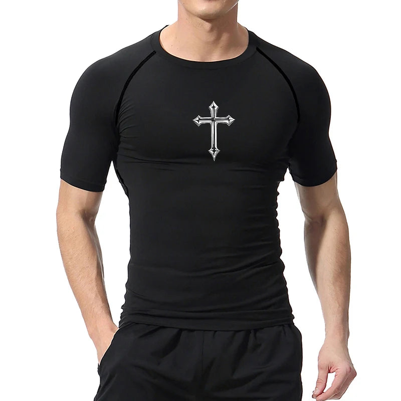 Men’s Cross Print Compression Shirt – Short/Long Sleeve Rash Guard Gym Top, Quick-Dry Base Layer – Hides Belly Fat & Gynecomastia