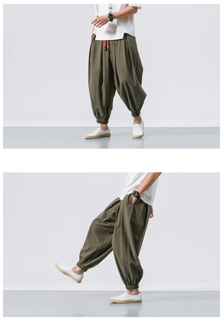 Men’s Oversized Cotton Linen Harem Pants – Loose Fit Chinese Style Casual Trousers