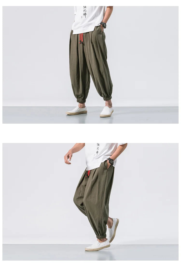 Men’s Oversized Cotton Linen Harem Pants – Loose Fit Chinese Style Casual Trousers
