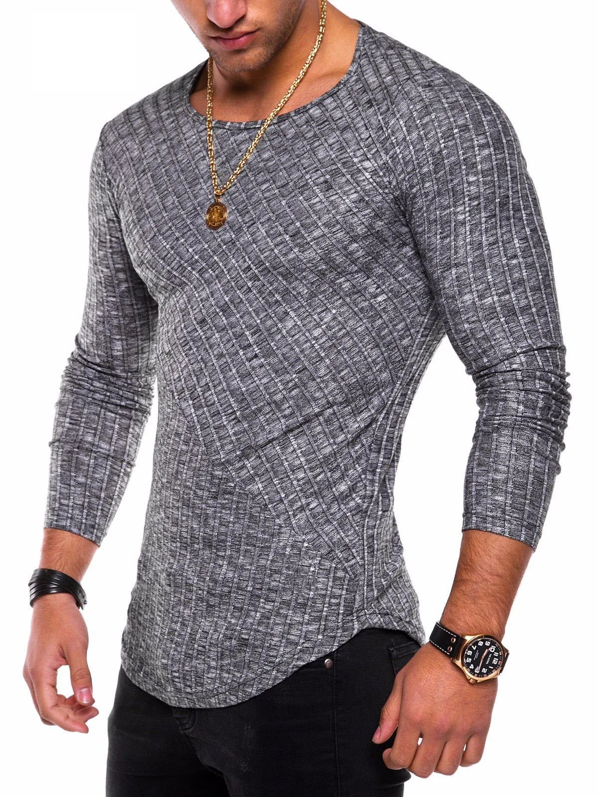 Men’s Slim Fit Ribbed Long Sleeve T-Shirt – Curved Hem, Crew Neck, Lightweight Knit Top