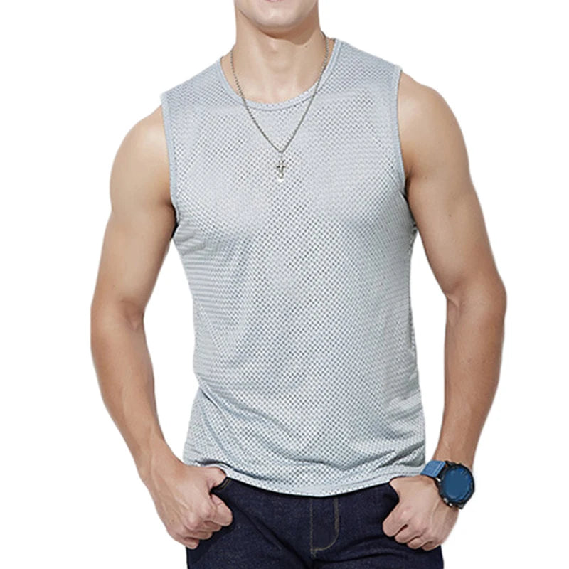 Men's Ice Silk Mesh Tank Top – Breathable Gym Sleeveless Shirt for Bodybuilding and Fitness