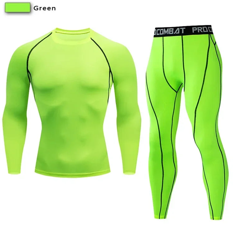 2PCS Men’s Compression Workout Set – Short & Long Sleeve Gym Shirt + Leggings | Quick Dry Fitness Clothes | Athletic Training Sportswear for Running, Yoga, MMA, Bodybuilding