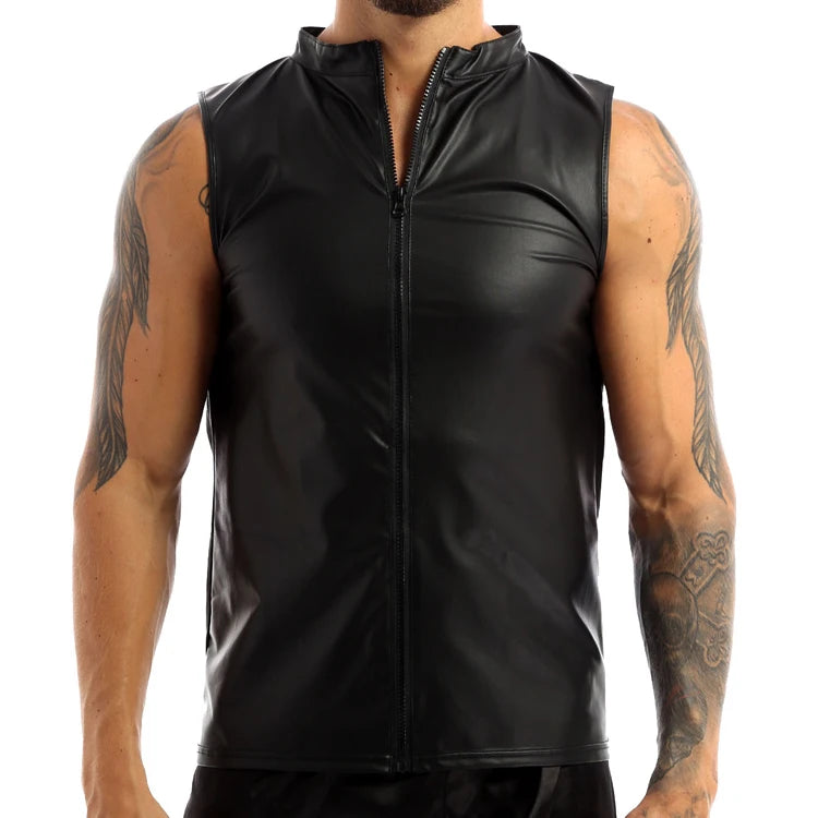 Men’s PU Leather Sleeveless Shirt – Zipper Front Biker Vest for Fashion, Streetwear, and Night Out