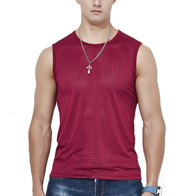 Men's Ice Silk Mesh Tank Top – Breathable Gym Sleeveless Shirt for Bodybuilding and Fitness