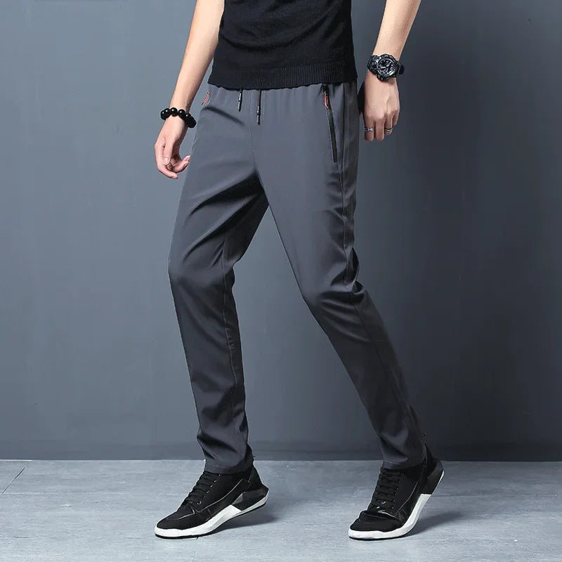 Men’s Slim Fit Casual Pants – Elastic Waist Joggers with Zipper Pockets, Straight Leg Trousers