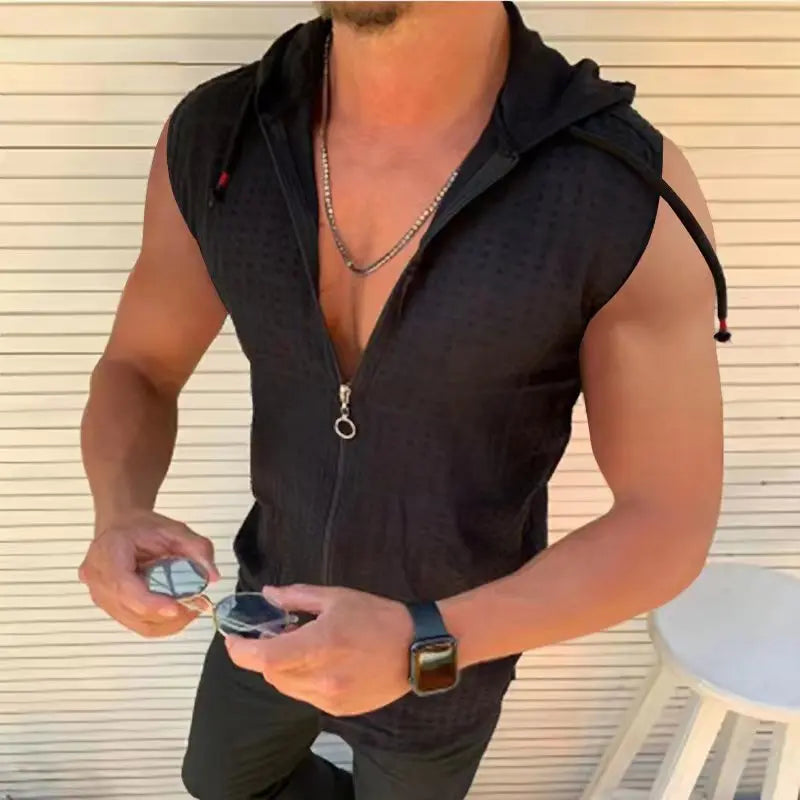 Men’s Sleeveless Zip-Up Hoodie – Lightweight Plaid Mesh Vest, Casual Streetwear, Sun Protection Top