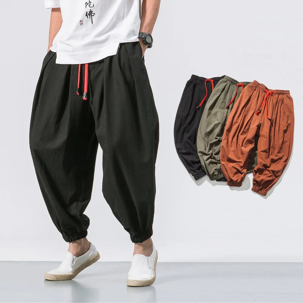 Men’s Oversized Cotton Linen Harem Pants – Loose Fit Chinese Style Casual Trousers