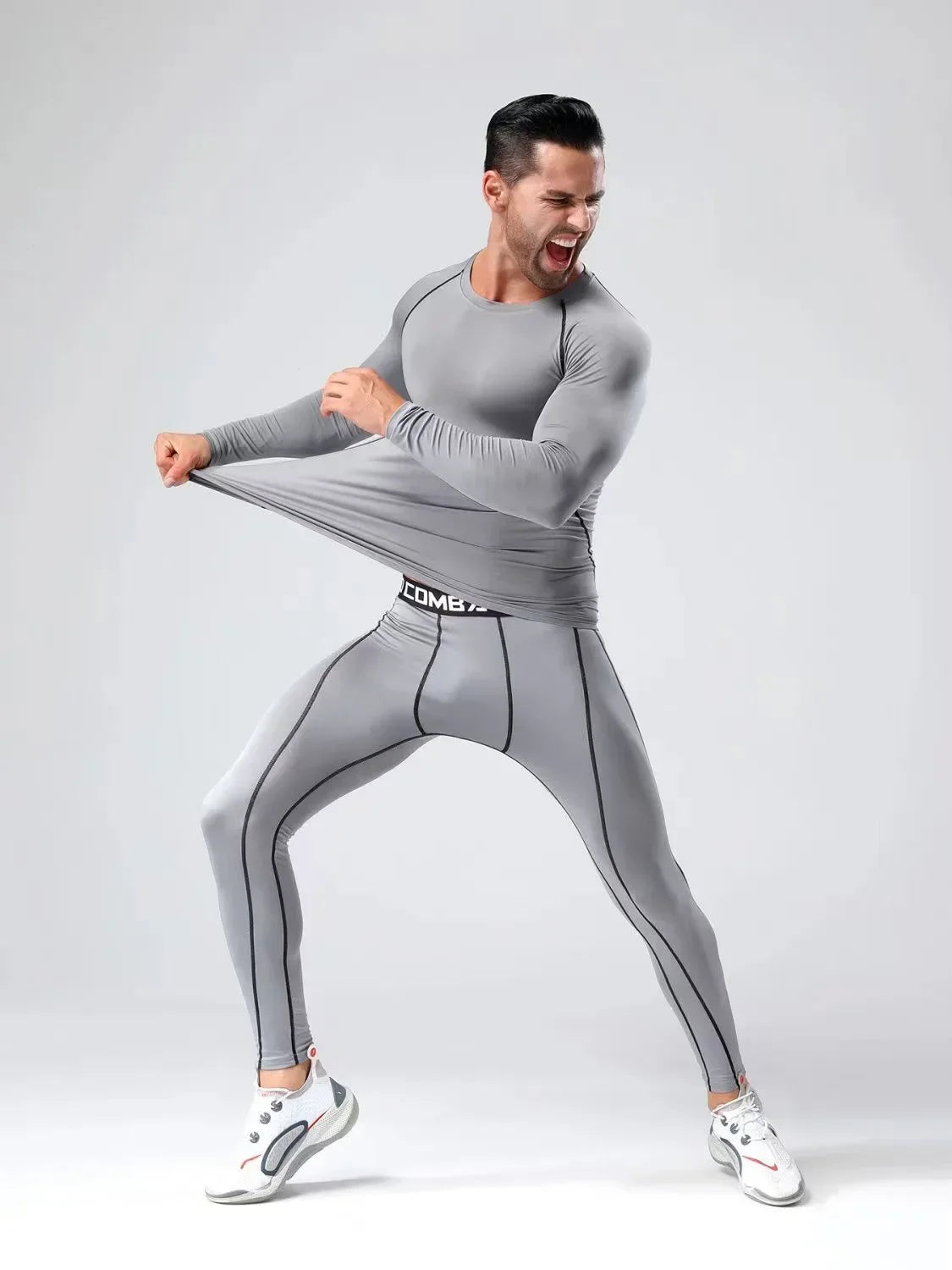 2PCS Men’s Compression Workout Set – Short & Long Sleeve Gym Shirt + Leggings | Quick Dry Fitness Clothes | Athletic Training Sportswear for Running, Yoga, MMA, Bodybuilding