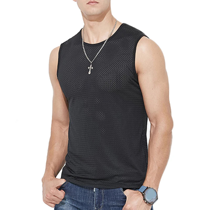 Men's Ice Silk Mesh Tank Top – Breathable Gym Sleeveless Shirt for Bodybuilding and Fitness