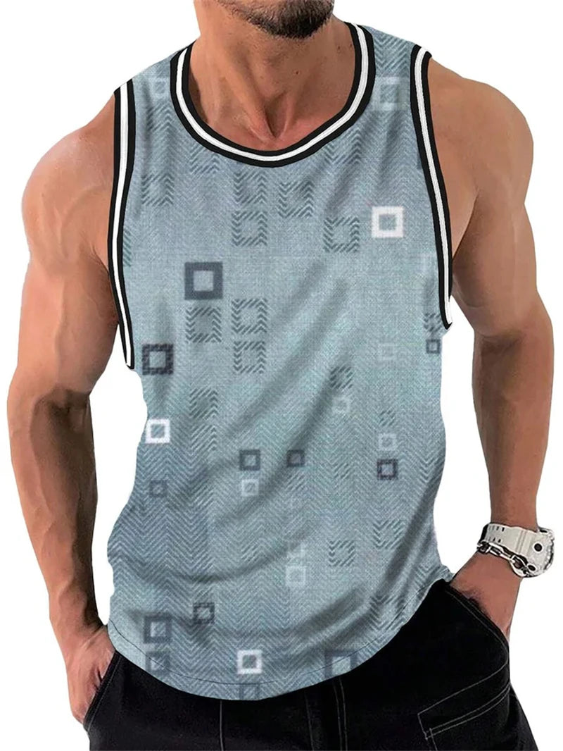 Men’s Retro Geometric Tank Top – Casual Sleeveless 3D Print Vest, Quick-Dry & Breathable Loose Fit Pullover