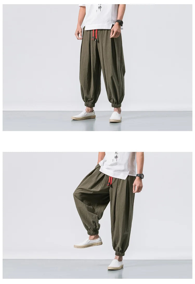 Men’s Oversized Cotton Linen Harem Pants – Loose Fit Chinese Style Casual Trousers