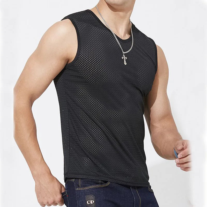 Men's Ice Silk Mesh Tank Top – Breathable Gym Sleeveless Shirt for Bodybuilding and Fitness