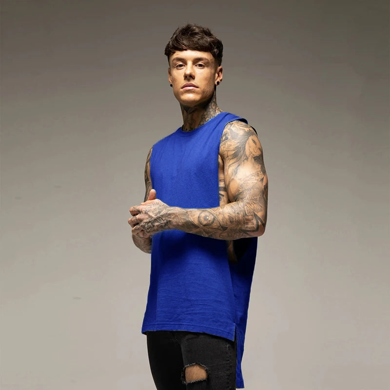 Men’s Longline Gym Tank Top Shirt – Cotton Sleeveless Workout Vest for Fitness, Training, and Hip Hop Style