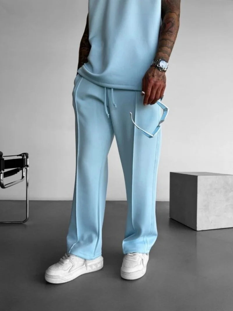Men’s Casual Solid Color Pants – Elastic Waist Drawstring Trousers with Pleats and Pockets